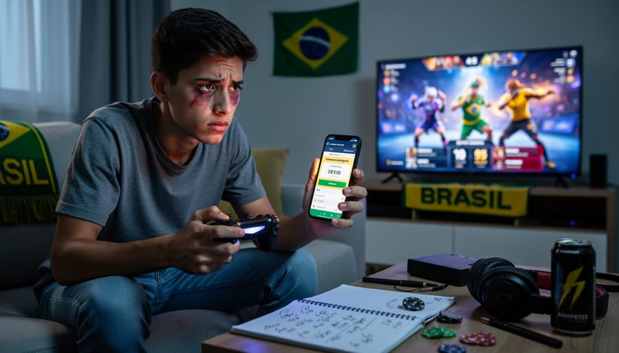 Young person looking thoughtfully at smartphone with gaming interface in dimly lit room