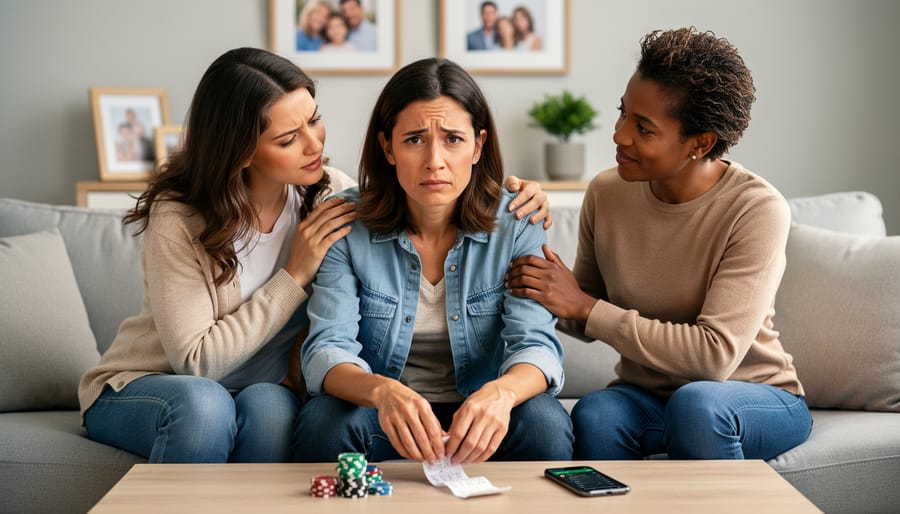 Two people's hands clasped together in supportive gesture on table