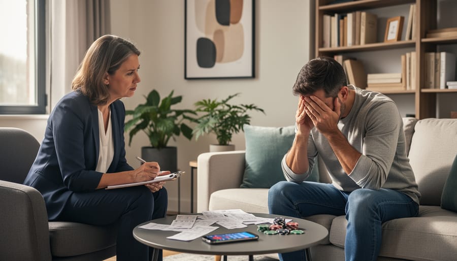 Mental health professional meeting with client in comfortable therapy office setting