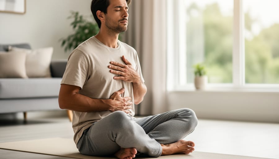 Close-up of hands placed on chest and abdomen demonstrating breathwork position