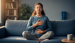Young adult sitting cross-legged on a sofa with eyes closed, one hand on chest and one on abdomen, lit by soft golden-hour window light; blurred background with bookshelf, houseplant, rolled yoga mat, and mug, symbolizing mindful breathing to observe and accept anxiety.