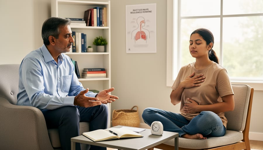 Person sitting peacefully in meditation posture in a calm, minimalist room
