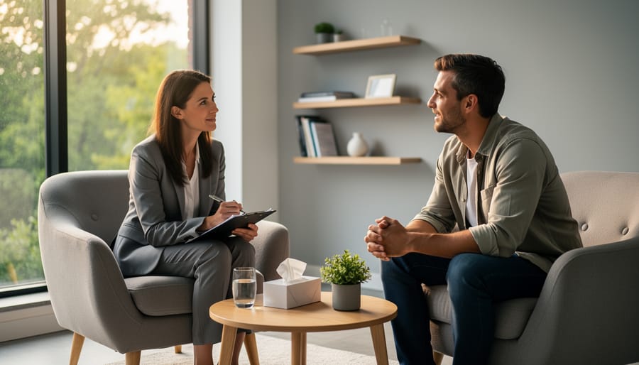 Two people engaged in supportive therapeutic conversation in a comfortable professional setting