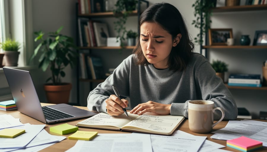 A person sitting at a kitchen table looking overwhelmed while considering decisions with a notepad and phone.