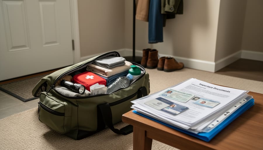 Close-up of hands packing an emergency bag and holding a folder of documents on a table.