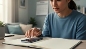 Person seated at a desk with a hand hovering over a phone, looking thoughtfully at an empty notepad in soft natural light.