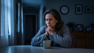Person sitting alone at a kitchen table at night with hands clasped, illuminated by soft window light, expressing concern and the need for support related to domestic violence.