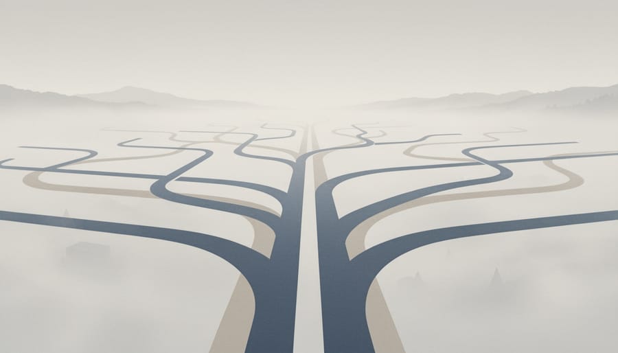 Forking wet footprints along a misty shoreline symbolizing uncertainty in decision-making.