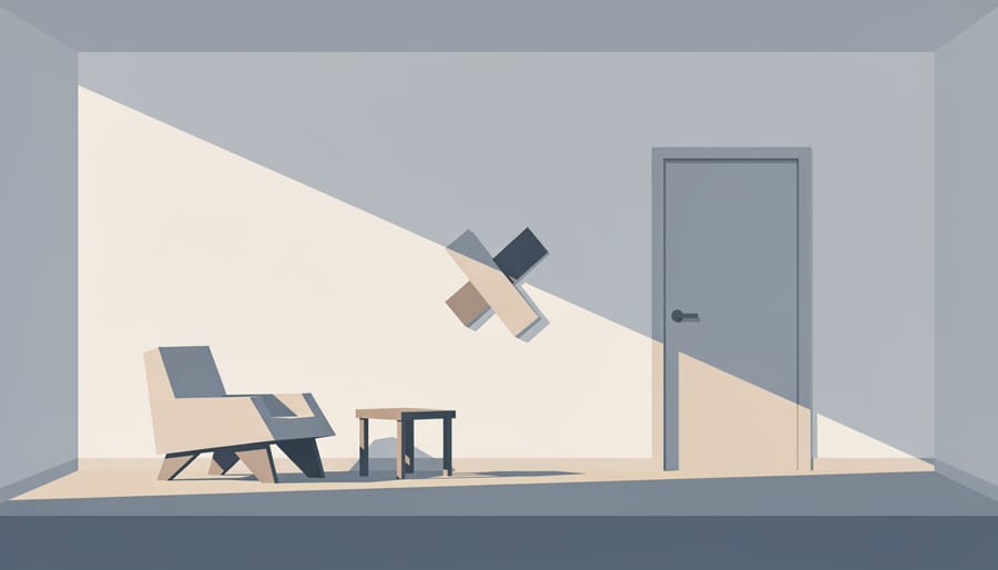 Indoor doorway scene with contrasting light and shadow, keys and a coat visible, suggesting hidden tension at home.