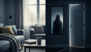 "Quiet home interior with a closed door ajar and mirror reflection casting subtle shadow, symbolizing isolation and coercive control in domestic abuse."