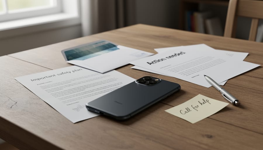 A phone lying face-down on a nightstand next to mail envelopes, suggesting restricted access to communication.
