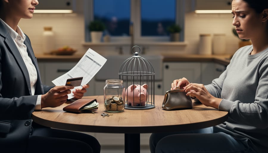 Hands holding car keys and a wallet on a kitchen table, symbolizing financial control.