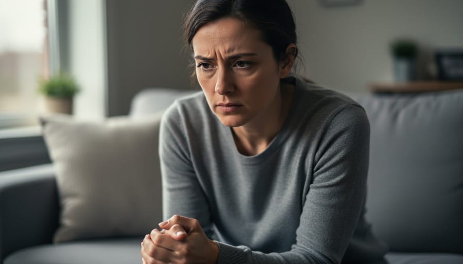 Woman seated on a sofa with her hand gripping a cushion, conveying tension and distress in a home setting.