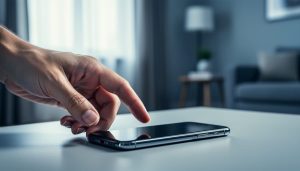 Close-up of a person’s hand reaching for a mobile phone in a quiet, private room, suggesting discreet help and support.