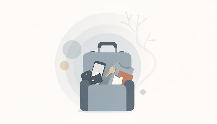 Open duffel bag on a bed with essentials like folded clothes, a document folder, and keys arranged for safety planning.
