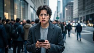 A person stands at the edge of a crowded street with an anxious expression, as if deciding whether to enter or step into a calmer path.
