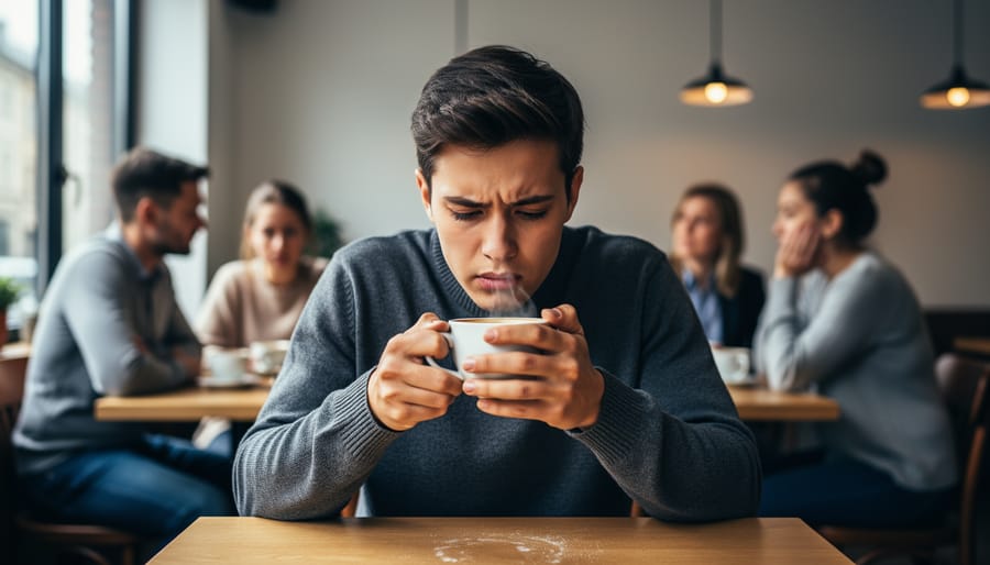A person looks anxious while sitting at a café table with other patrons in the background