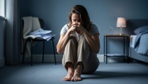 “A person sitting alone on the floor in a quiet room with knees drawn up and hands covering their face, conveying overwhelm and anxiety.”