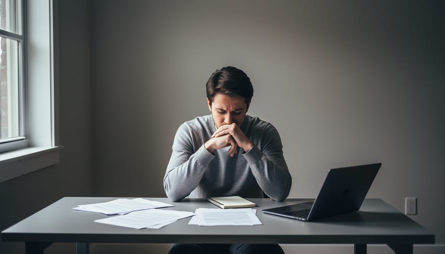 Person sitting on the floor with knees drawn up and hands covering their face in a dimly lit room.
