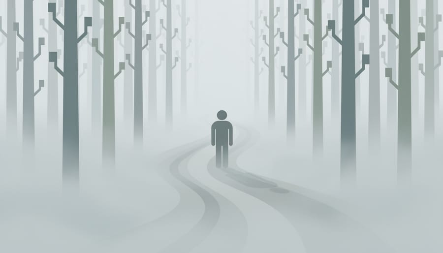 A winding path disappearing into fog in a forest, suggesting uncertainty and hope.