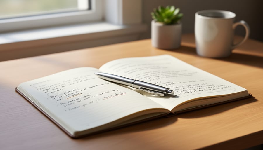 Close-up of a hand holding a pen above an open notebook on a wooden table with a cup of tea.