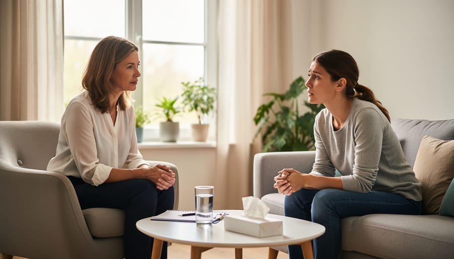 A client and therapist seated in a calm office during a supportive conversation