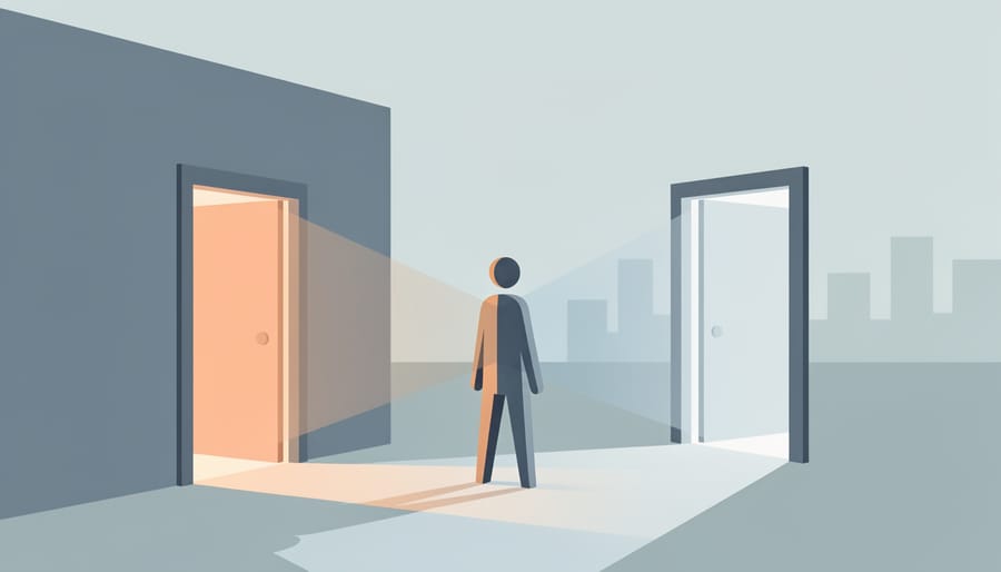 Two doors in a dim hallway represent a safer option versus a bright public setting